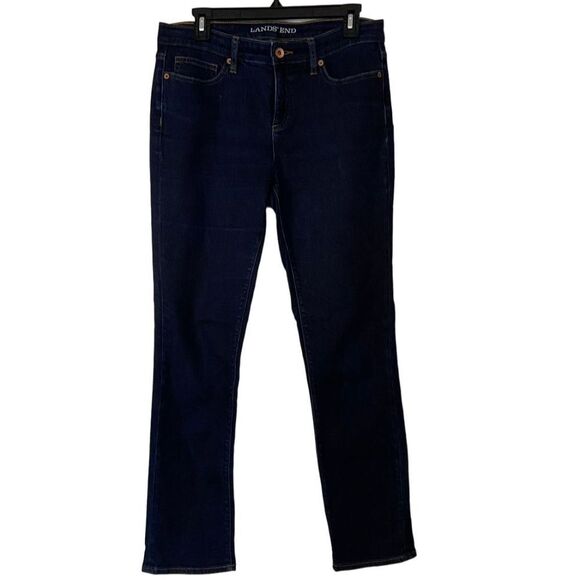 Lands' End Slim Jeans Mid Rise Dark Wash Blue Size 8 Zip Button Fly​ - Picture 1 of 11